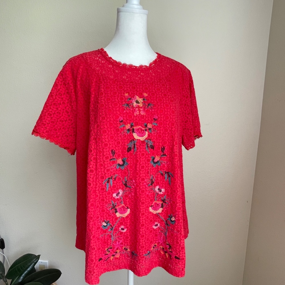 Altar'd State RED embroidered crochet swing top M
